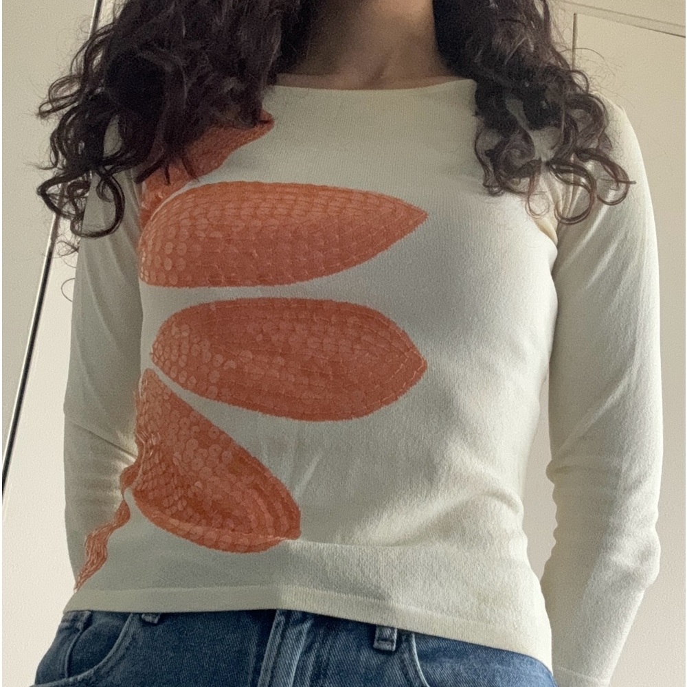 Ivory Long-Sleeve Top with Orange Accent